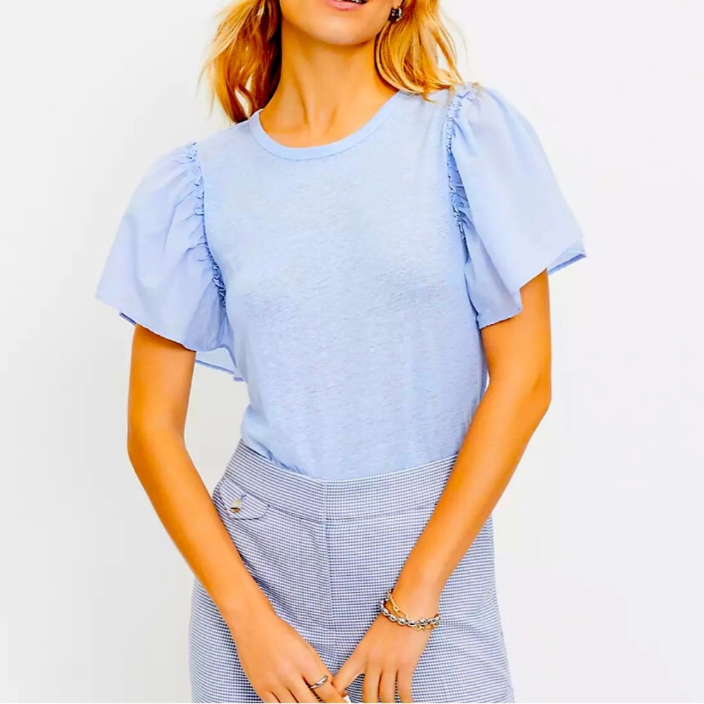 LOFT Linen Flutter Sleeve Top Blouse Light Blue XL